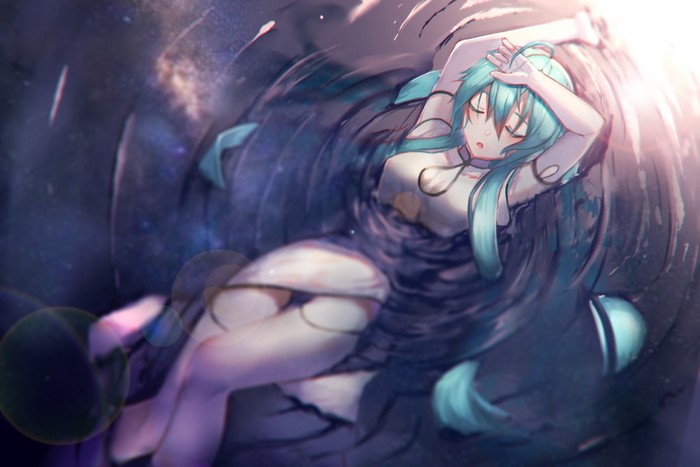 Hatsune Miku from Vocaloid floating in water