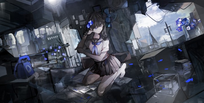 Anime girl in school uniform in a ruined city