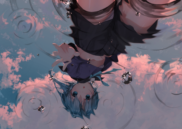 Anime girl with blue hair reflected in water with diamonds