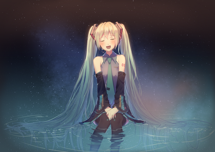 Hatsune Miku sitting in water with eyes closed