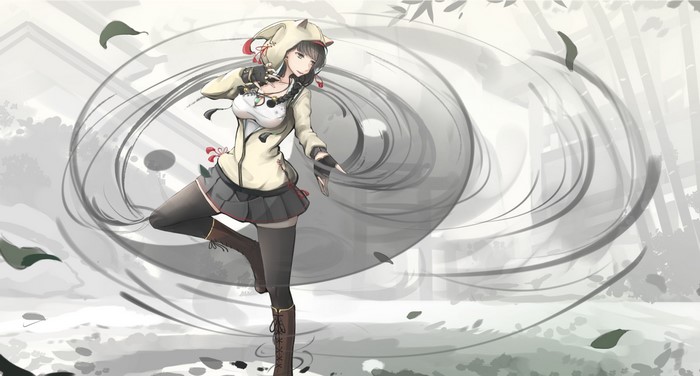 Anime girl with dark hair in a hoodie and miniskirt