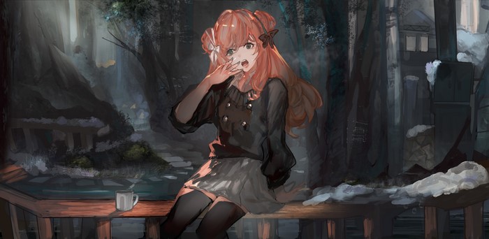 Anime girl with red hair yawning in a forest