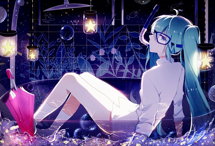 Hatsune Miku in a bathtub with stars and jars