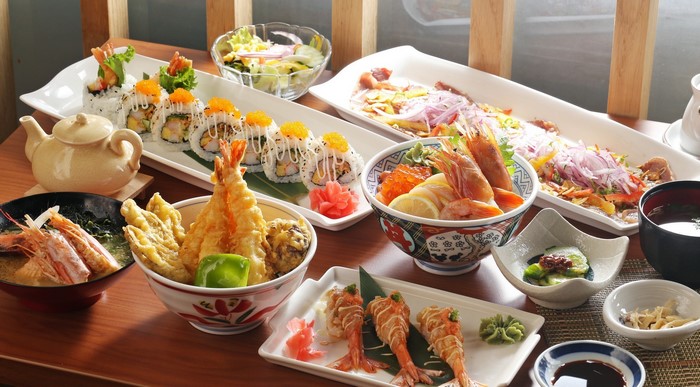 Japanese Seafood Meal with Sushi and Tempura