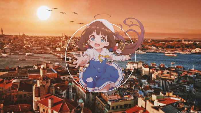 Anime Girl in front of Istanbul Cityscape at Sunset