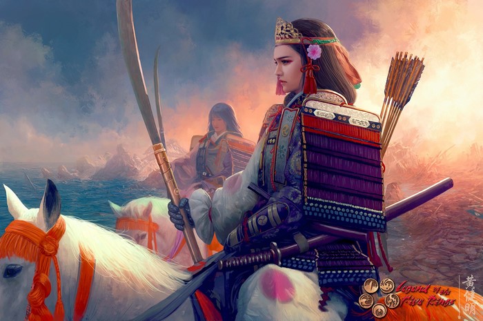 Samurai women on horses with bows and swords