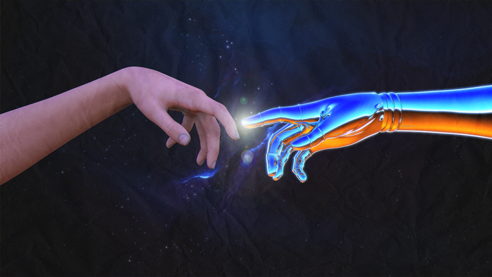 Human and robot hands reaching in space