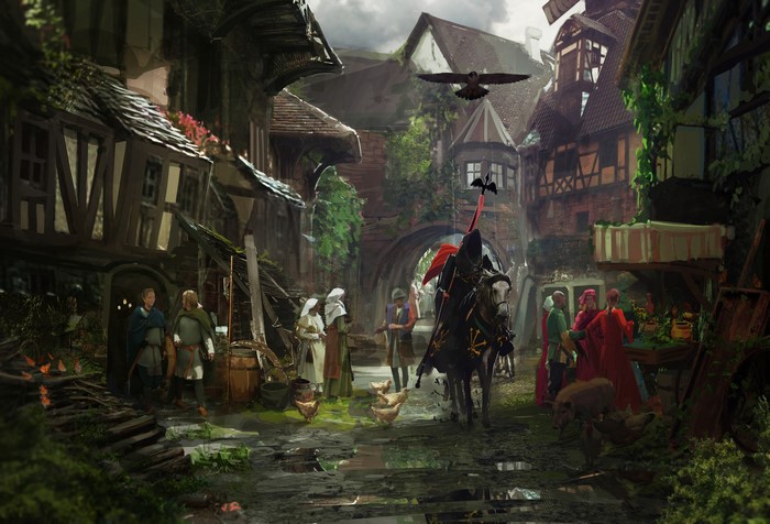 Knight on horseback in a medieval village with people and animals