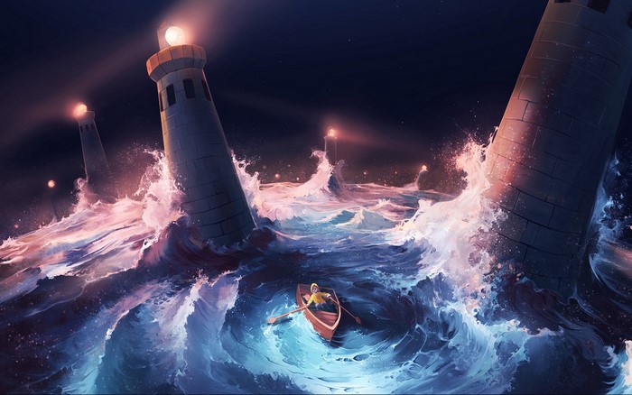 A person in a boat navigates a stormy sea with lighthouses