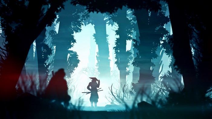 Samurai in a dark, misty forest