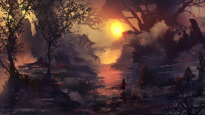 Fantasy warrior in a misty swamp at sunset