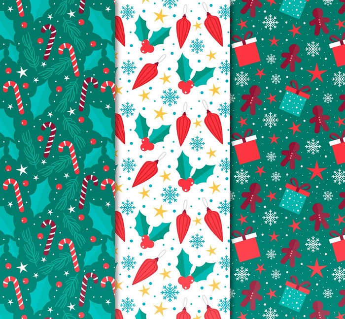 Christmas patterns with candy canes, ornaments, and gifts