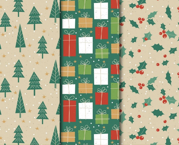 Christmas patterns with trees, gifts, and holly