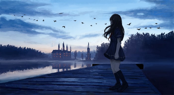 Anime girl on a dock with castles in the background