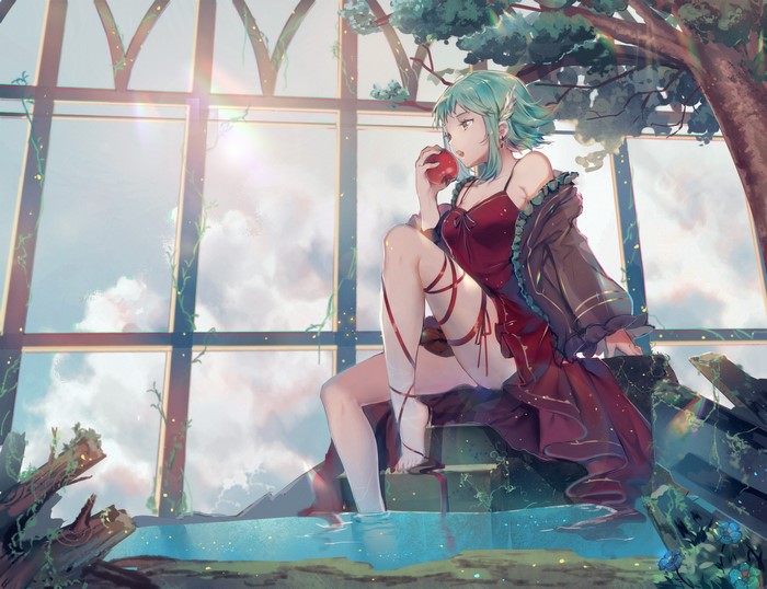 Anime girl with green hair eating an apple