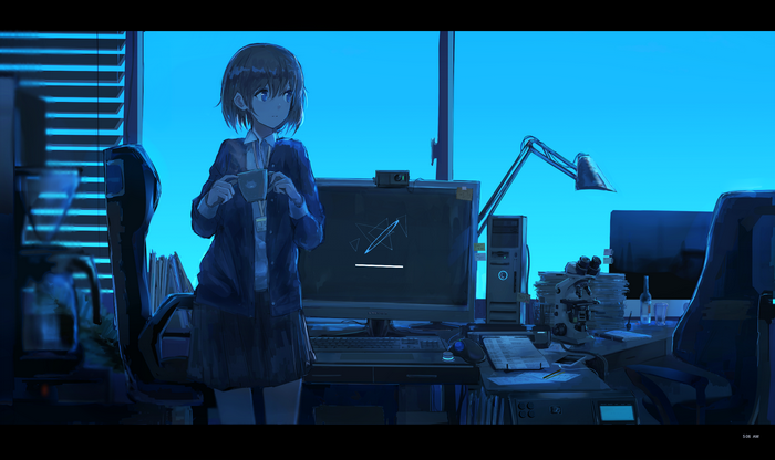 Anime girl with coffee in office