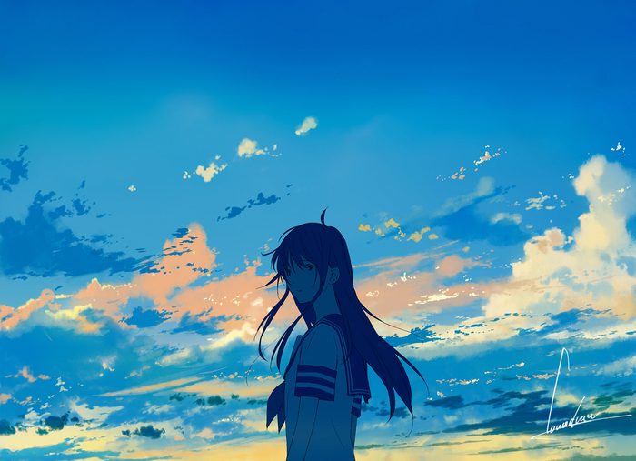 Anime girl with long hair against a cloudy sky