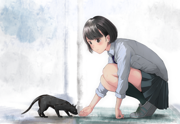 Anime girl in school uniform interacting with a black cat