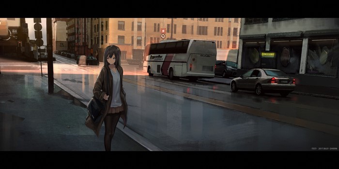 Anime girl on a wet city street with a bus and cars