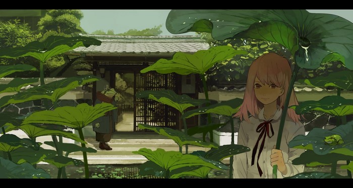Girl with pink hair in a garden with lotus leaves