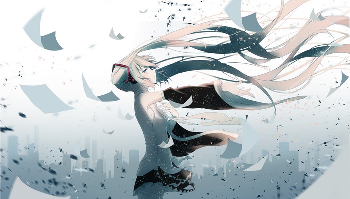 Hatsune Miku with papers flying in the wind