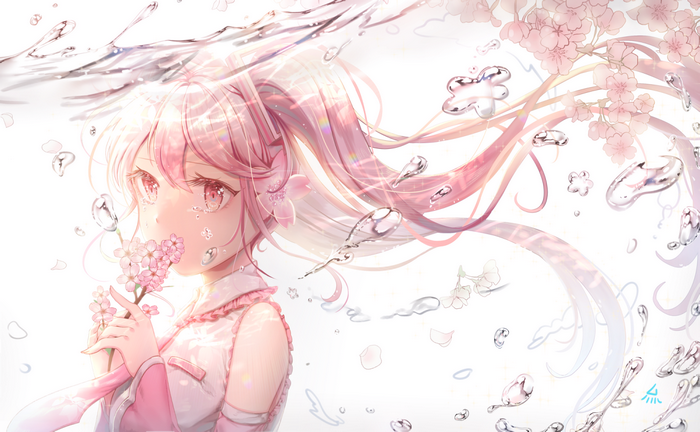 Anime girl with pink hair holding cherry blossoms underwater