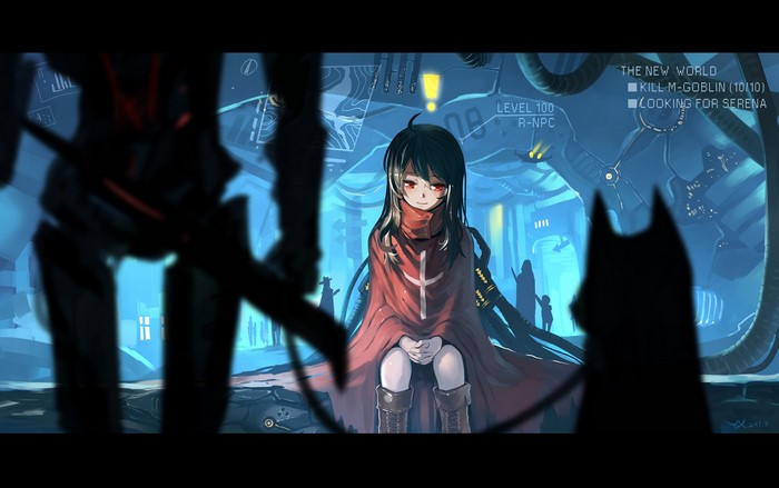 Anime girl with red eyes in a futuristic setting