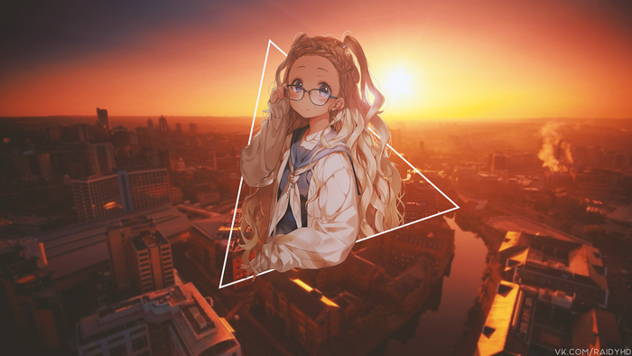 Anime girl with glasses in front of sunset cityscape