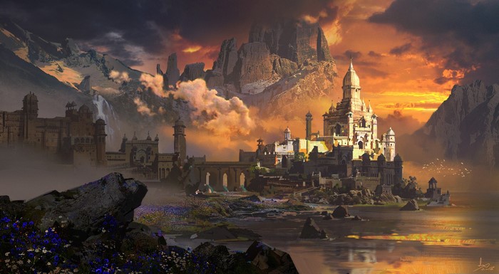 Fantasy castle city at sunset with mountains and waterfall