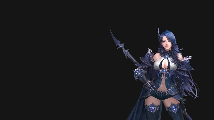 Woman with blue hair and armor holding a spear