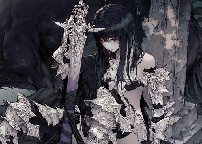 Anime girl with dark hair holding a sword