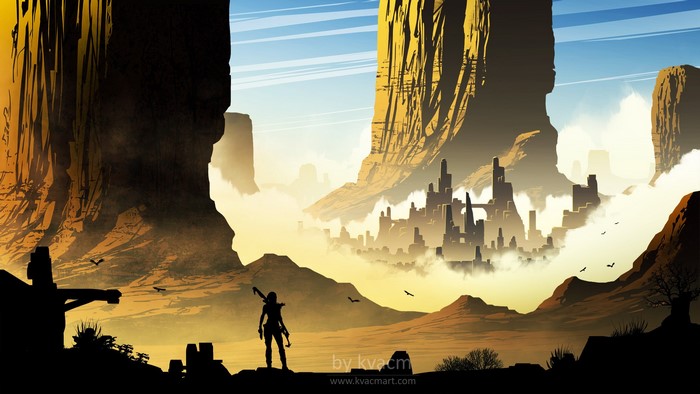 Warrior overlooking a desert city in the mountains