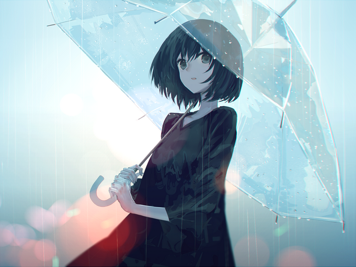 Anime girl with dark hair and green eyes holding an umbrella in the rain