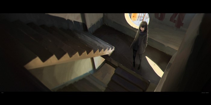 Anime girl on stairs in a building