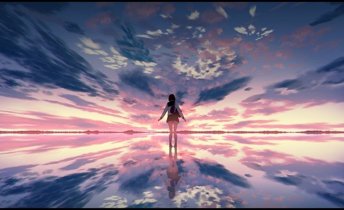 Anime girl standing on reflective water at sunset