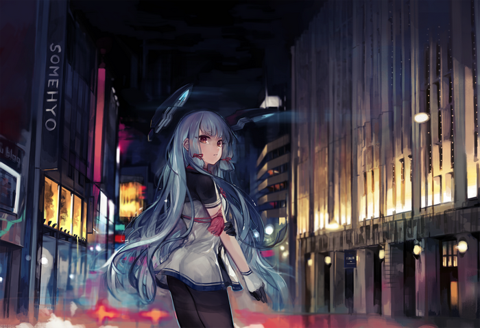 Anime girl with blue hair in a city at night