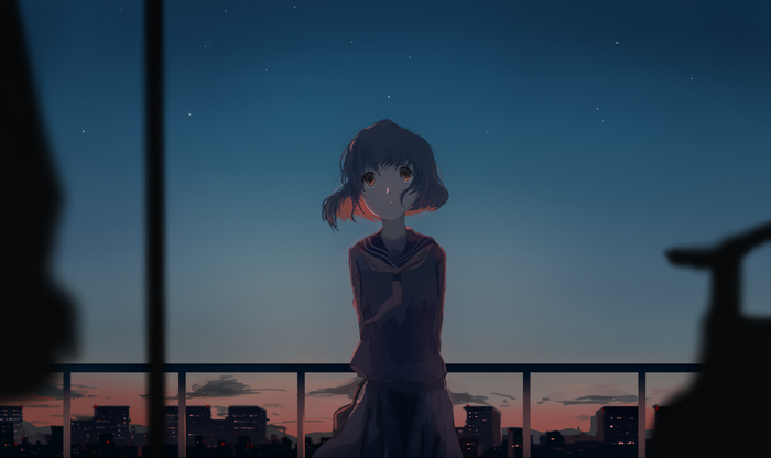 Anime girl on a balcony at dusk