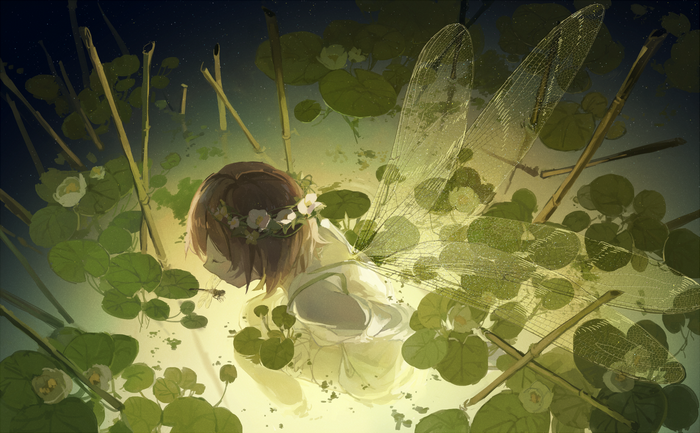 Anime girl with fairy wings among water lilies