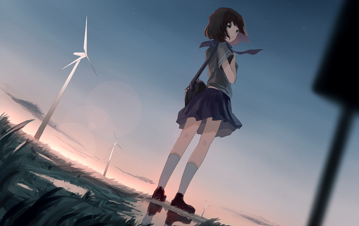 Anime girl in school uniform with wind turbines