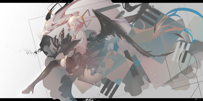 Hatsune Miku with black wings and abstract art