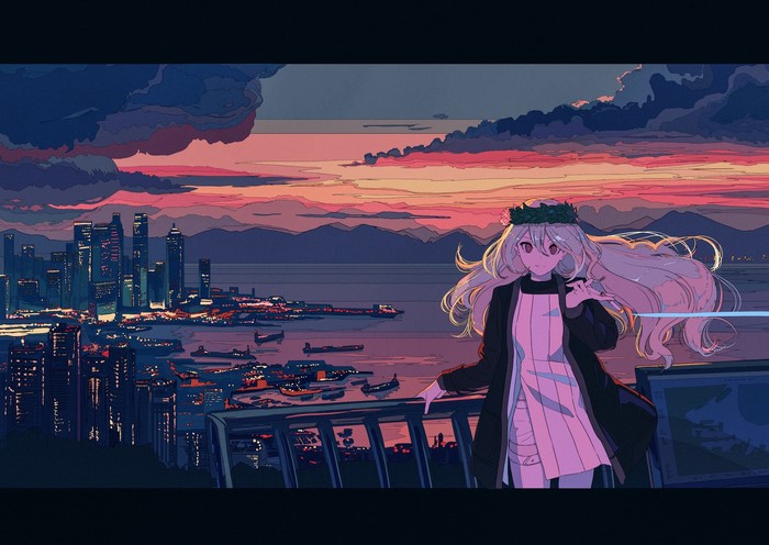 Anime girl with long hair on a balcony overlooking a cityscape at sunset