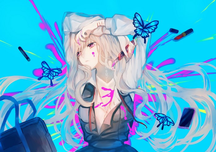 Anime girl with pink eyes and white hair holding a knife