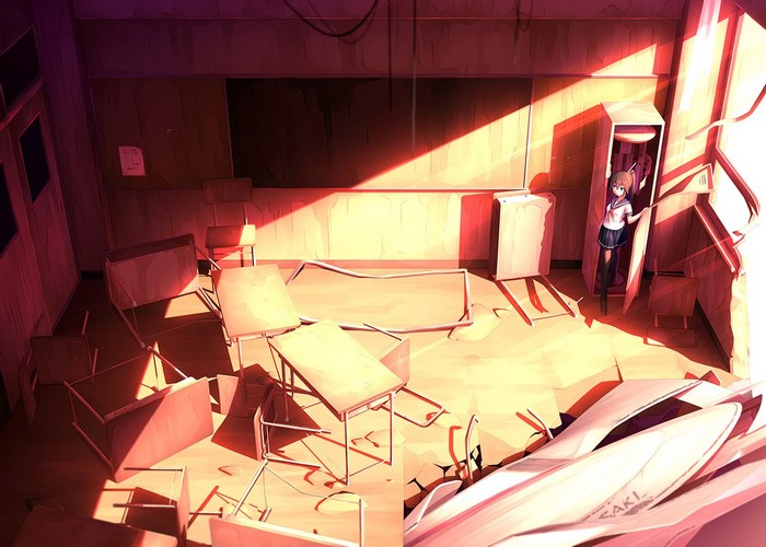 Anime girl in a destroyed classroom