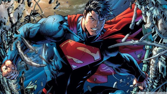 Superman from DC Comics breaking through debris