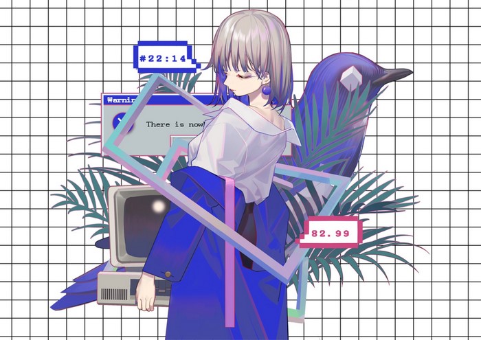 Anime girl with bird and computer elements