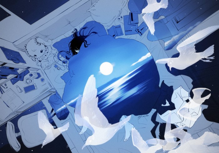 Anime girl sleeping in bed with birds and ocean dream