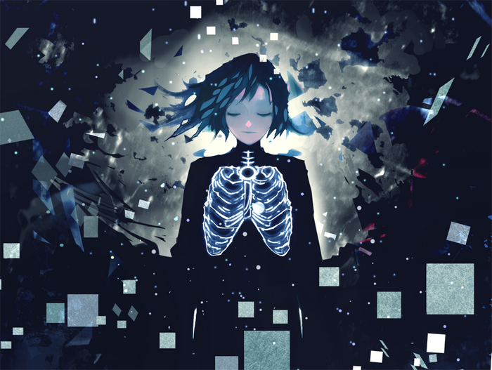 Anime girl with glowing ribcage in abstract space