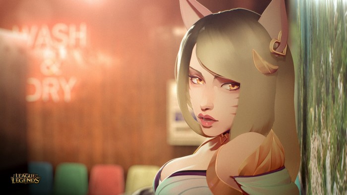 Ahri from League of Legends in a laundry room