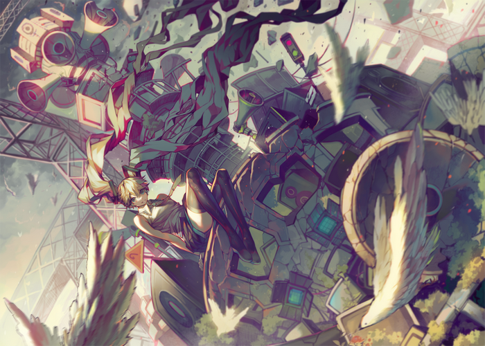 Anime girl with blonde hair and bunny ears in a destroyed city