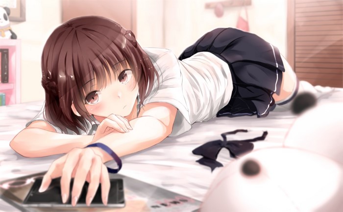 Anime girl lying on bed with phone